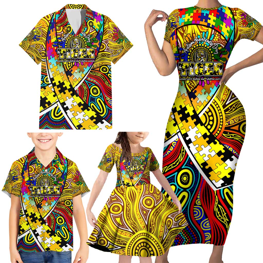 Autism Awareness Australia Richmond Tiger Family Matching Short Sleeve Bodycon Dress and Hawaiian Shirt Aboriginal Indigenous Art