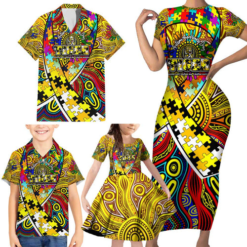 Autism Awareness Australia Richmond Tiger Family Matching Short Sleeve Bodycon Dress and Hawaiian Shirt Aboriginal Indigenous Art