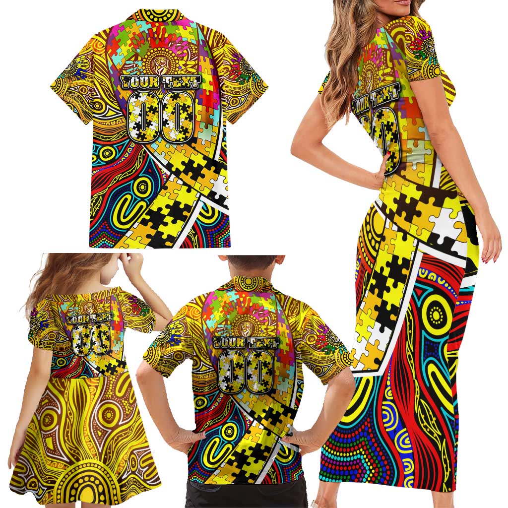 Autism Awareness Australia Richmond Tiger Family Matching Short Sleeve Bodycon Dress and Hawaiian Shirt Aboriginal Indigenous Art