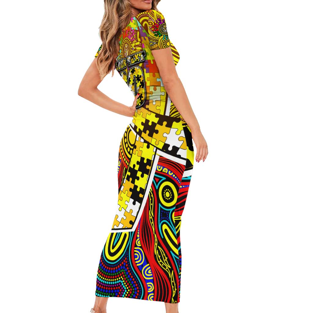 Autism Awareness Australia Richmond Tiger Family Matching Short Sleeve Bodycon Dress and Hawaiian Shirt Aboriginal Indigenous Art