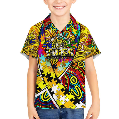 Autism Awareness Australia Richmond Tiger Family Matching Short Sleeve Bodycon Dress and Hawaiian Shirt Aboriginal Indigenous Art