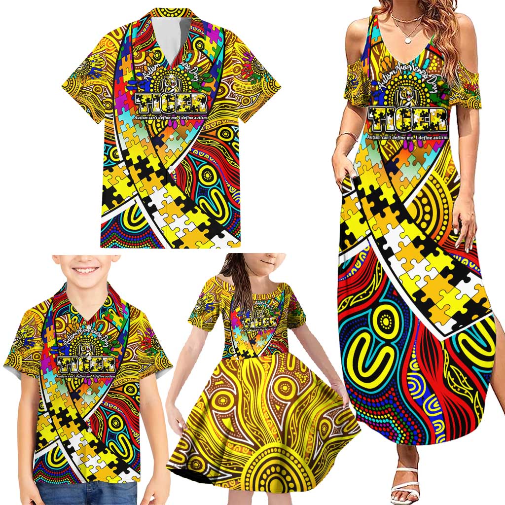 Autism Awareness Australia Richmond Tiger Family Matching Summer Maxi Dress and Hawaiian Shirt Aboriginal Indigenous Art