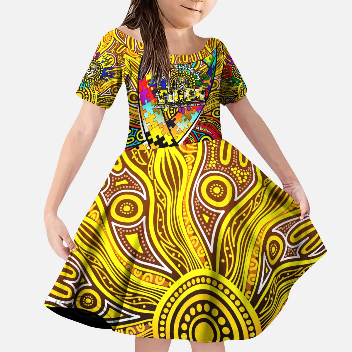 Autism Awareness Australia Richmond Tiger Kid Short Sleeve Dress Aboriginal Indigenous Art