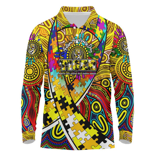 Autism Awareness Australia Richmond Tiger Long Sleeve Polo Shirt Aboriginal Indigenous Art