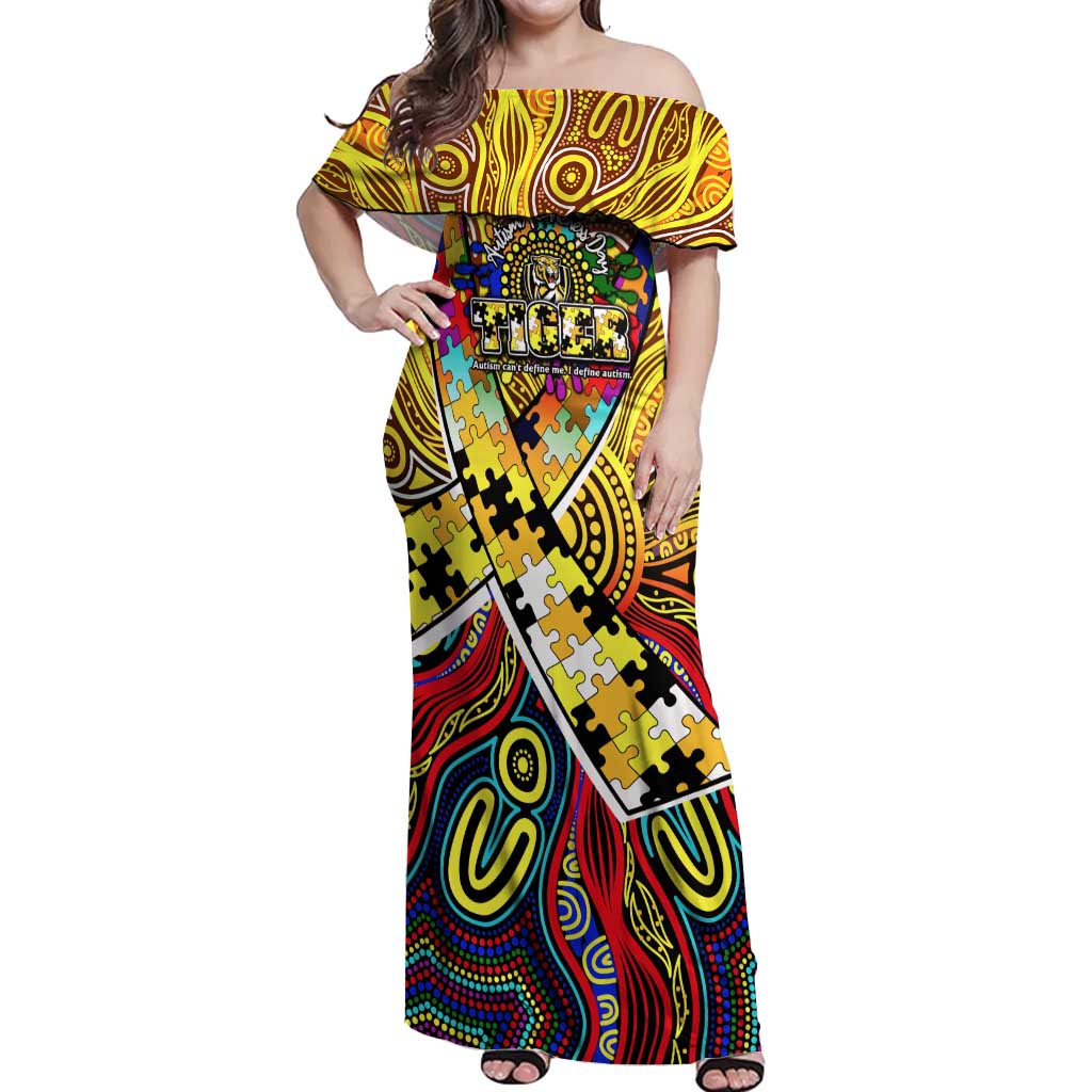Autism Awareness Australia Richmond Tiger Off Shoulder Maxi Dress Aboriginal Indigenous Art