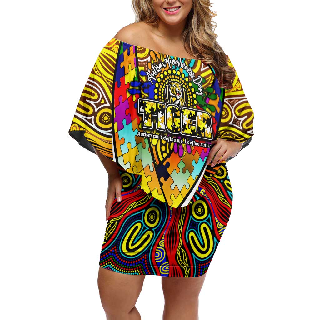 Autism Awareness Australia Richmond Tiger Off Shoulder Short Dress Aboriginal Indigenous Art