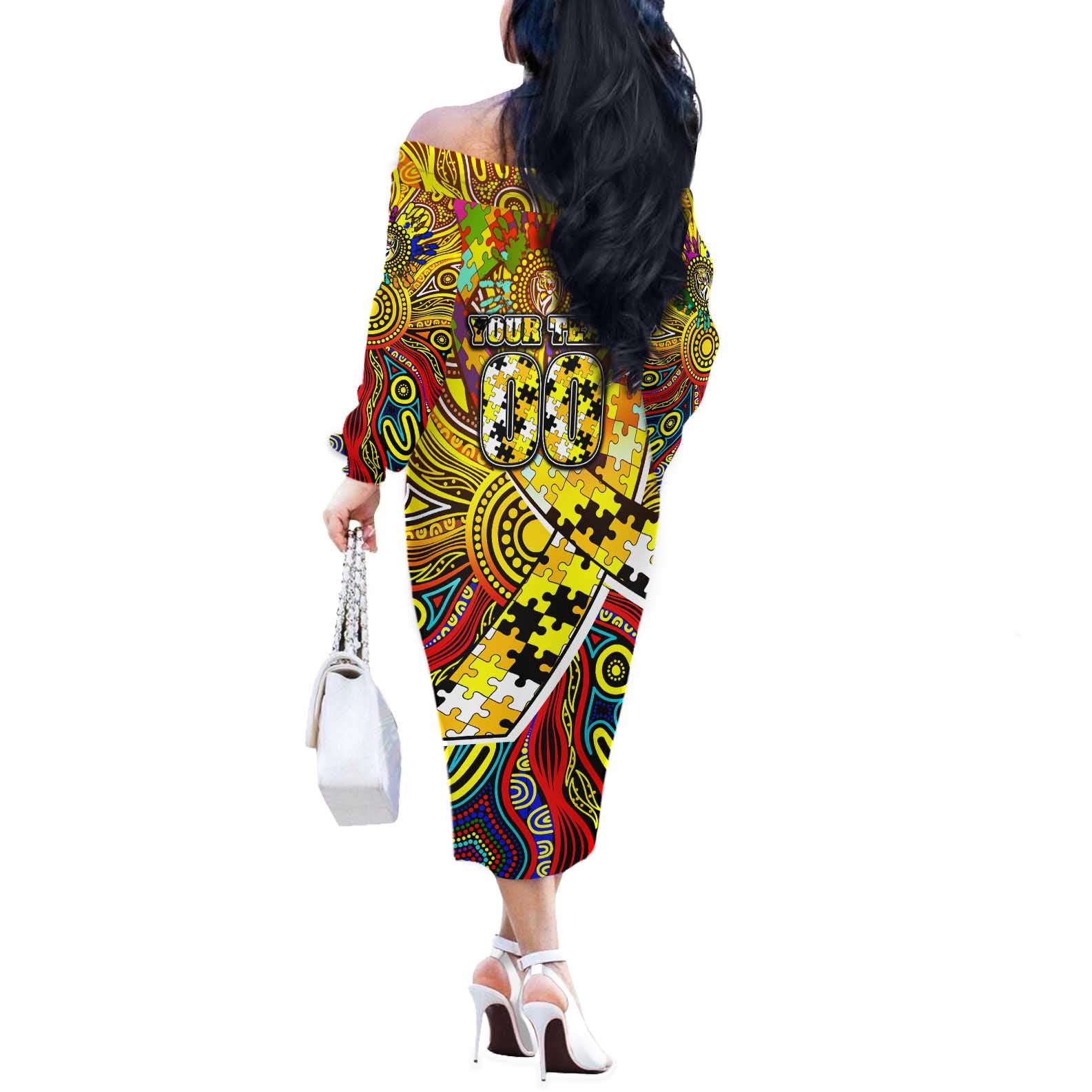 Autism Awareness Australia Richmond Tiger Off The Shoulder Long Sleeve Dress Aboriginal Indigenous Art