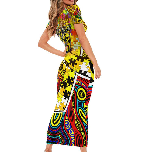 Autism Awareness Australia Richmond Tiger Short Sleeve Bodycon Dress Aboriginal Indigenous Art