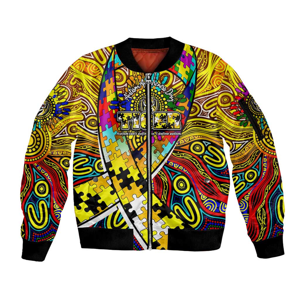 Autism Awareness Australia Richmond Tiger Sleeve Zip Bomber Jacket Aboriginal Indigenous Art