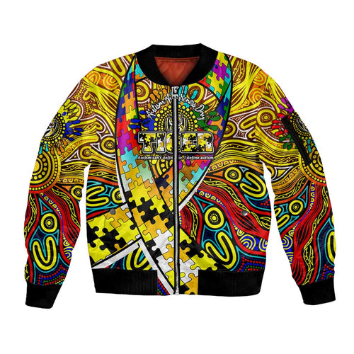 Autism Awareness Australia Richmond Tiger Sleeve Zip Bomber Jacket Aboriginal Indigenous Art