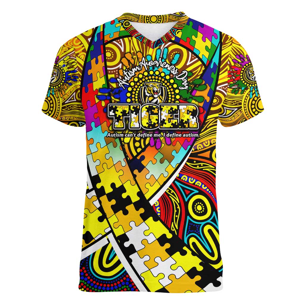 Autism Awareness Australia Richmond Tiger Women V-Neck T-Shirt Aboriginal Indigenous Art