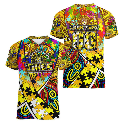 Autism Awareness Australia Richmond Tiger Women V-Neck T-Shirt Aboriginal Indigenous Art