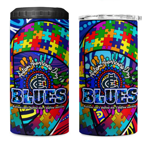 Autism Awareness Australia Carlton Blues 4 in 1 Can Cooler Tumbler Aboriginal Indigenous Art