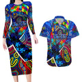 Autism Awareness Australia Carlton Blues Couples Matching Long Sleeve Bodycon Dress and Hawaiian Shirt Aboriginal Indigenous Art