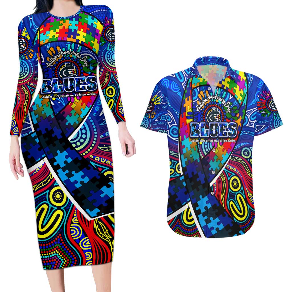 Autism Awareness Australia Carlton Blues Couples Matching Long Sleeve Bodycon Dress and Hawaiian Shirt Aboriginal Indigenous Art