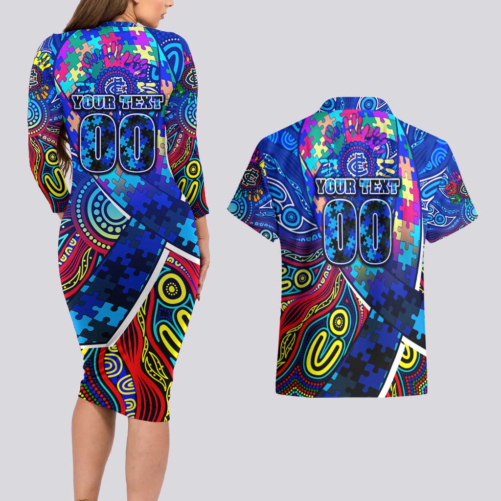 Autism Awareness Australia Carlton Blues Couples Matching Long Sleeve Bodycon Dress and Hawaiian Shirt Aboriginal Indigenous Art