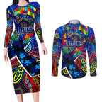 Autism Awareness Australia Carlton Blues Couples Matching Long Sleeve Bodycon Dress and Long Sleeve Button Shirt Aboriginal Indigenous Art