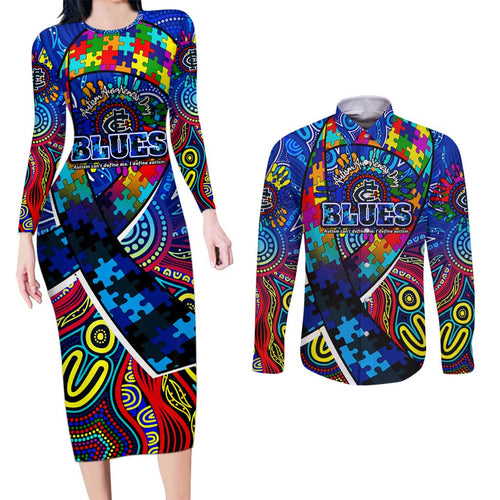 Autism Awareness Australia Carlton Blues Couples Matching Long Sleeve Bodycon Dress and Long Sleeve Button Shirt Aboriginal Indigenous Art