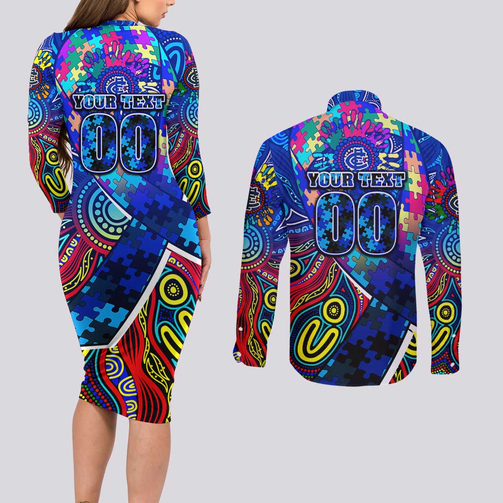 Autism Awareness Australia Carlton Blues Couples Matching Long Sleeve Bodycon Dress and Long Sleeve Button Shirt Aboriginal Indigenous Art