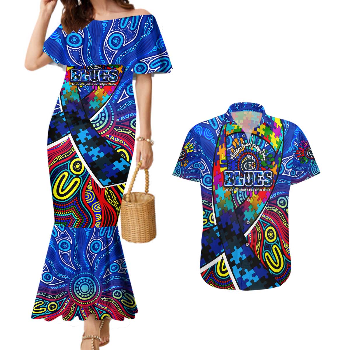 Autism Awareness Australia Carlton Blues Couples Matching Mermaid Dress and Hawaiian Shirt Aboriginal Indigenous Art