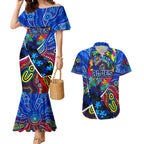 Autism Awareness Australia Carlton Blues Couples Matching Mermaid Dress and Hawaiian Shirt Aboriginal Indigenous Art