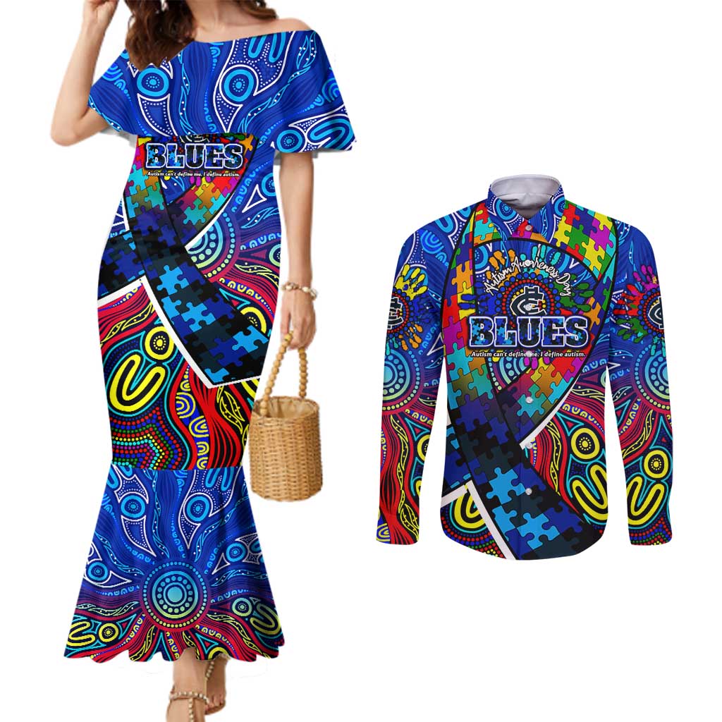 Autism Awareness Australia Carlton Blues Couples Matching Mermaid Dress and Long Sleeve Button Shirt Aboriginal Indigenous Art
