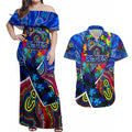 Autism Awareness Australia Carlton Blues Couples Matching Off Shoulder Maxi Dress and Hawaiian Shirt Aboriginal Indigenous Art
