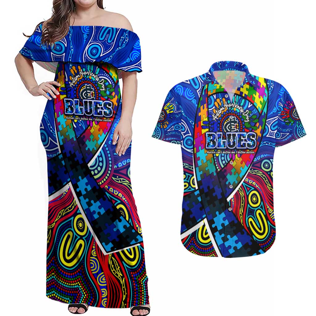 Autism Awareness Australia Carlton Blues Couples Matching Off Shoulder Maxi Dress and Hawaiian Shirt Aboriginal Indigenous Art