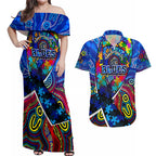 Autism Awareness Australia Carlton Blues Couples Matching Off Shoulder Maxi Dress and Hawaiian Shirt Aboriginal Indigenous Art