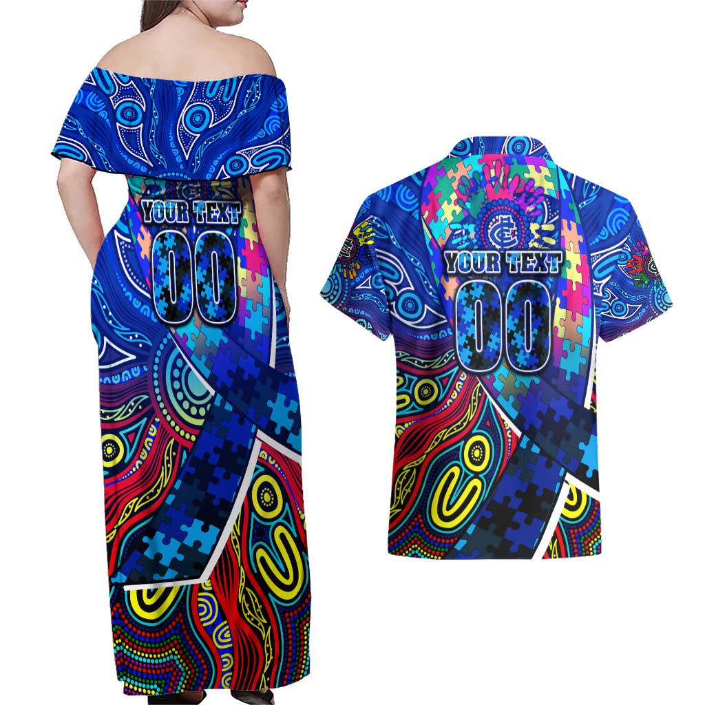 Autism Awareness Australia Carlton Blues Couples Matching Off Shoulder Maxi Dress and Hawaiian Shirt Aboriginal Indigenous Art