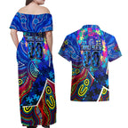 Autism Awareness Australia Carlton Blues Couples Matching Off Shoulder Maxi Dress and Hawaiian Shirt Aboriginal Indigenous Art