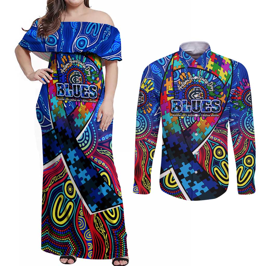 Autism Awareness Australia Carlton Blues Couples Matching Off Shoulder Maxi Dress and Long Sleeve Button Shirt Aboriginal Indigenous Art