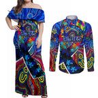 Autism Awareness Australia Carlton Blues Couples Matching Off Shoulder Maxi Dress and Long Sleeve Button Shirt Aboriginal Indigenous Art
