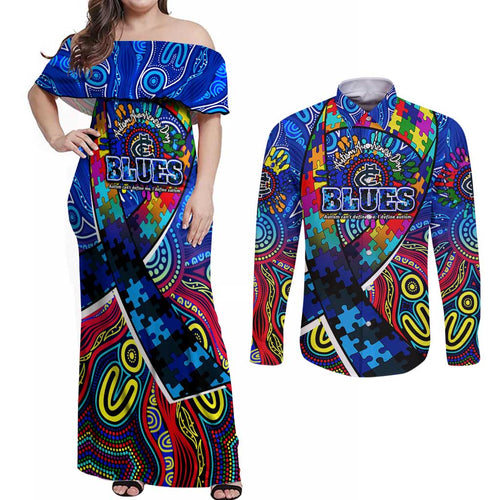 Autism Awareness Australia Carlton Blues Couples Matching Off Shoulder Maxi Dress and Long Sleeve Button Shirt Aboriginal Indigenous Art