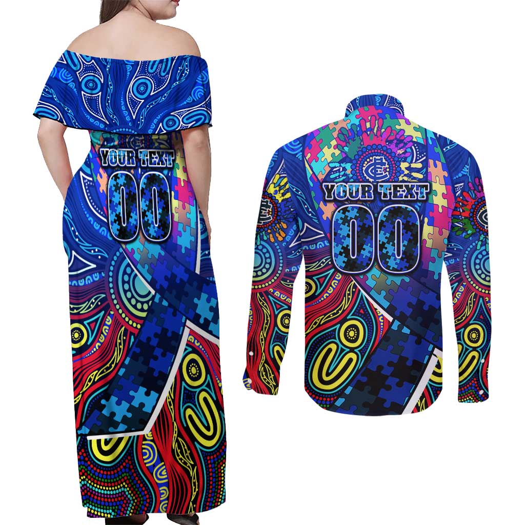Autism Awareness Australia Carlton Blues Couples Matching Off Shoulder Maxi Dress and Long Sleeve Button Shirt Aboriginal Indigenous Art