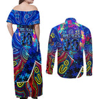Autism Awareness Australia Carlton Blues Couples Matching Off Shoulder Maxi Dress and Long Sleeve Button Shirt Aboriginal Indigenous Art