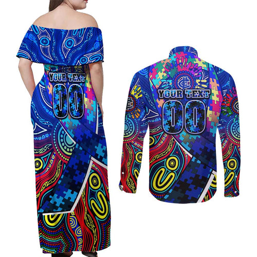 Autism Awareness Australia Carlton Blues Couples Matching Off Shoulder Maxi Dress and Long Sleeve Button Shirt Aboriginal Indigenous Art