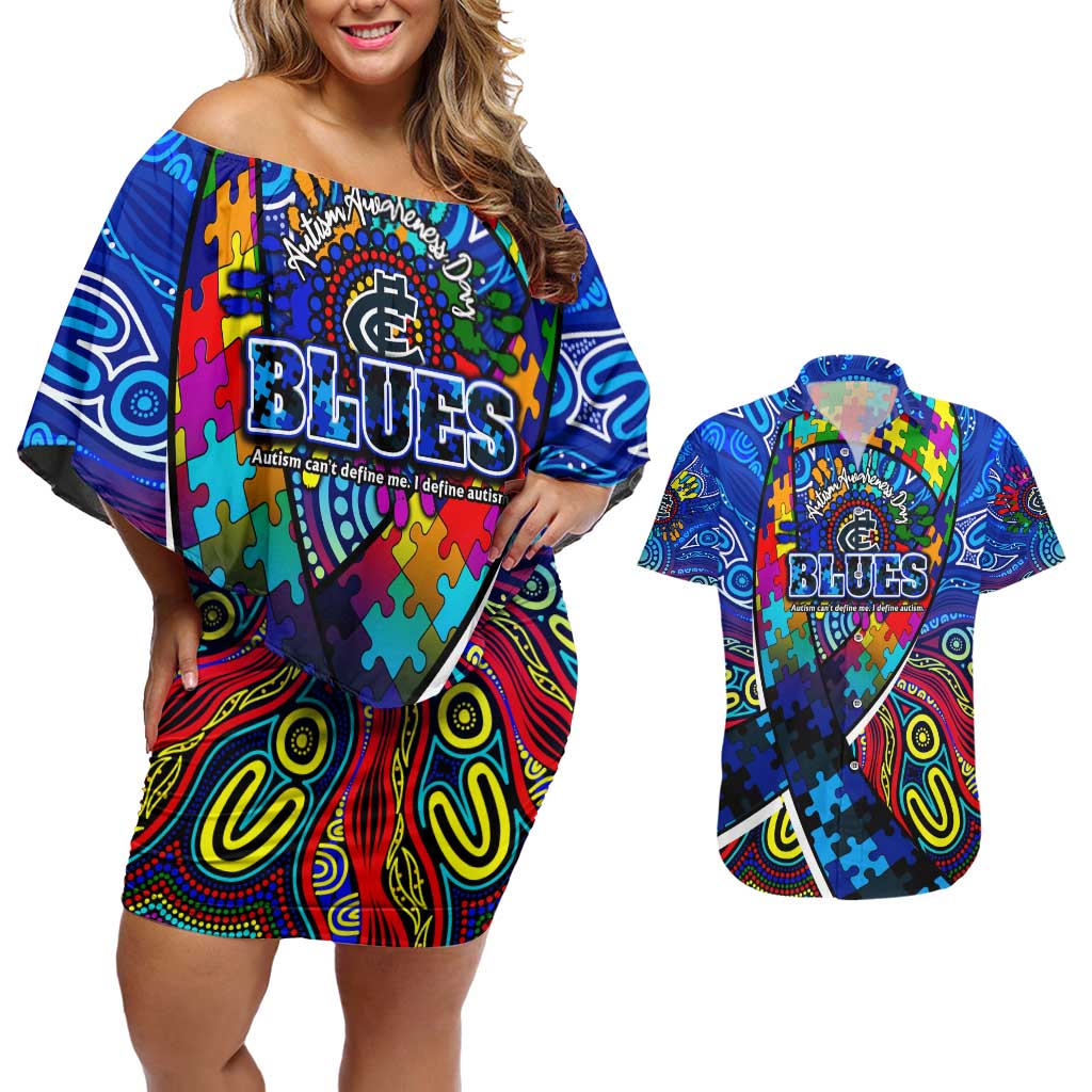 Autism Awareness Australia Carlton Blues Couples Matching Off Shoulder Short Dress and Hawaiian Shirt Aboriginal Indigenous Art