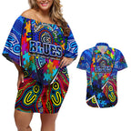 Autism Awareness Australia Carlton Blues Couples Matching Off Shoulder Short Dress and Hawaiian Shirt Aboriginal Indigenous Art