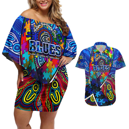 Autism Awareness Australia Carlton Blues Couples Matching Off Shoulder Short Dress and Hawaiian Shirt Aboriginal Indigenous Art