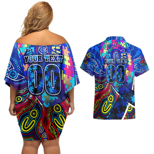Autism Awareness Australia Carlton Blues Couples Matching Off Shoulder Short Dress and Hawaiian Shirt Aboriginal Indigenous Art