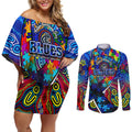 Autism Awareness Australia Carlton Blues Couples Matching Off Shoulder Short Dress and Long Sleeve Button Shirt Aboriginal Indigenous Art