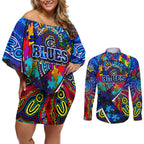 Autism Awareness Australia Carlton Blues Couples Matching Off Shoulder Short Dress and Long Sleeve Button Shirt Aboriginal Indigenous Art
