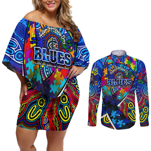 Autism Awareness Australia Carlton Blues Couples Matching Off Shoulder Short Dress and Long Sleeve Button Shirt Aboriginal Indigenous Art