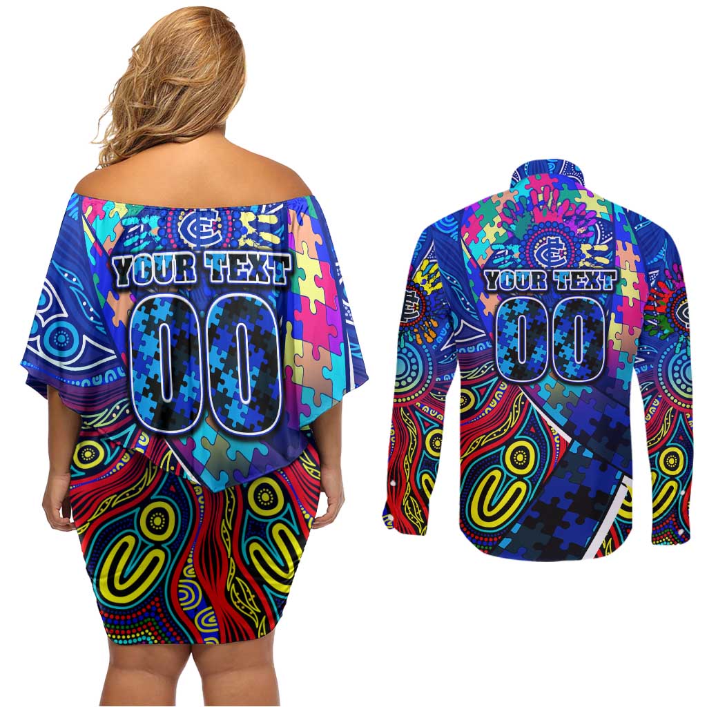 Autism Awareness Australia Carlton Blues Couples Matching Off Shoulder Short Dress and Long Sleeve Button Shirt Aboriginal Indigenous Art