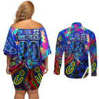 Autism Awareness Australia Carlton Blues Couples Matching Off Shoulder Short Dress and Long Sleeve Button Shirt Aboriginal Indigenous Art