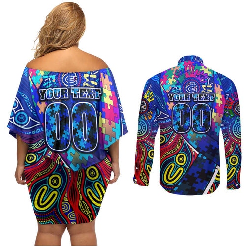 Autism Awareness Australia Carlton Blues Couples Matching Off Shoulder Short Dress and Long Sleeve Button Shirt Aboriginal Indigenous Art