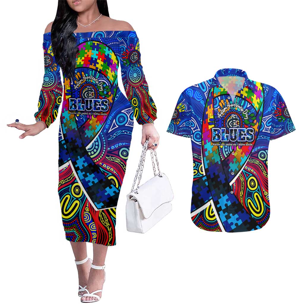 Autism Awareness Australia Carlton Blues Couples Matching Off The Shoulder Long Sleeve Dress and Hawaiian Shirt Aboriginal Indigenous Art