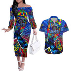 Autism Awareness Australia Carlton Blues Couples Matching Off The Shoulder Long Sleeve Dress and Hawaiian Shirt Aboriginal Indigenous Art