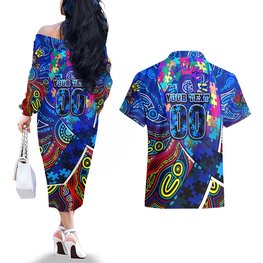 Autism Awareness Australia Carlton Blues Couples Matching Off The Shoulder Long Sleeve Dress and Hawaiian Shirt Aboriginal Indigenous Art
